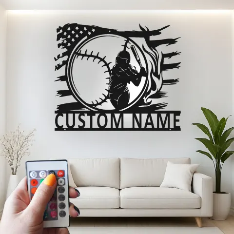 Vista alternativa di Insegna in metallo personalizzata per giocatore di softball con luce LED regalo per atleti decorazione per stanza sportiva 2