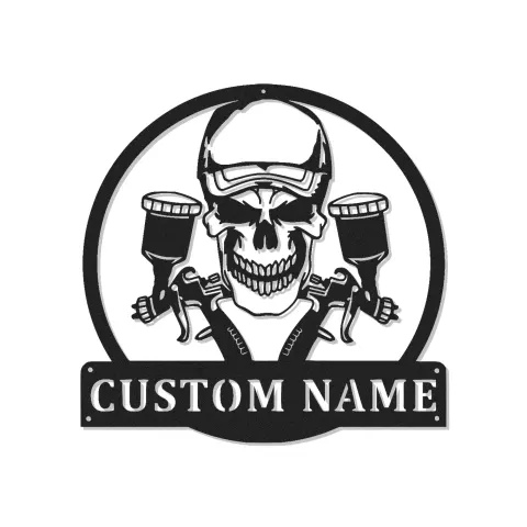 Panneau de Garage Crâne Personnalisé | Décoration Murale en Métal LED Personnalisée | Décor de Atelier de Peinture & Cadeau pour Artiste Airbrush
