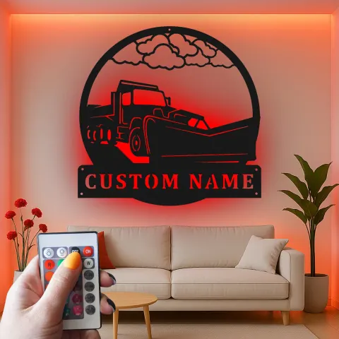 Snow Plow Truck Metal Sign | Custom LED Garage Wall Art | Personalized Gift for Driver | Heavy Duty Vehicle Decor alternate view