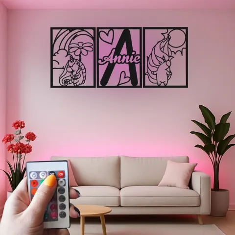 Custom Unicorn Led Light Metal Wall Art Personalized Gift for Kids Bedroom Decor with Name and Initial alternate view