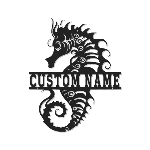 Insegna in Metallo Personalizzata Cavalluccio Marino | Arte Murale LED con Nome | Decorazione per Casa Costiera | Regalo per Casa al Mare