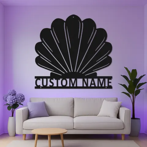 Vista alternativa de Arte mural de metal LED de concha | Cartel de nombre personalizado para decoración costera | Regalo náutico para casa de playa
