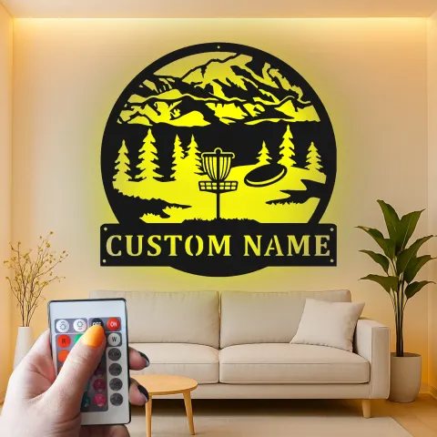 Custom Disc Golf Mountain Scene Led Light Metal Wall Art Personalized Gift for Disc Golfers Outdoor Enthusiast Decor alternate view