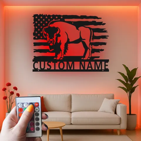 Vista alternativa di Insegna in metallo personalizzata con bisonte e bandiera americana luce LED regalo patriottico per lui decorazione rustica per man cave