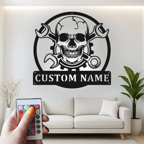 Vista alternativa di Insegna in metallo LED con teschio meccanico | Arte murale personalizzata per garage | Decorazione per laboratorio personalizzata per lui | Luce per man cave da appassionato di motori