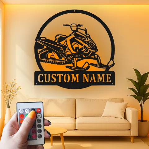 Vue alternative de Panneau Métallique Personnalisé de Motoneige | Art Mural LED | Décor de Sports d'Hiver Personnalisé pour Cabane | Cadeau pour Passionné de Motoneige
