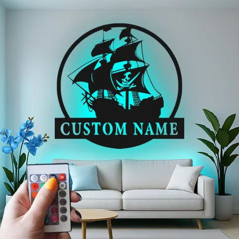 Personalized Pirate Ship LED Sign | Custom Metal Wall Art | Nautical Home Decor for Man Cave | Gift for Sailor alternate view