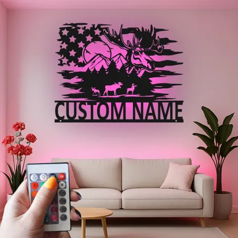 Personalisierte Elchfamilie Metall-Schild | Rustikale LED-Wandkunst für Kabine & Lodge | Individuelle Namens Berg-Deko alternative Ansicht