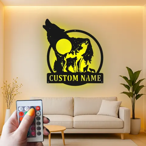 Custom Wolf Pack Led Light Metal Wall Art Personalized Nature Lover Gift Rustic Cabin Decor alternate view
