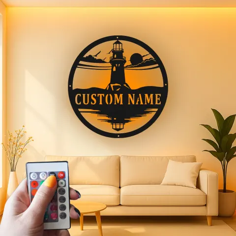 Vista alternativa di Insegna in Metallo Faro LED Personalizzata | Arte Murale Nautica Personalizzata | Decorazione Costiera per Casa e Casa al Mare