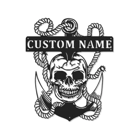 Panneau LED crâne pirate et ancre | Décoration murale en métal personnalisée | Décor nautique pour cave à vin et cadeau marin personnalisé