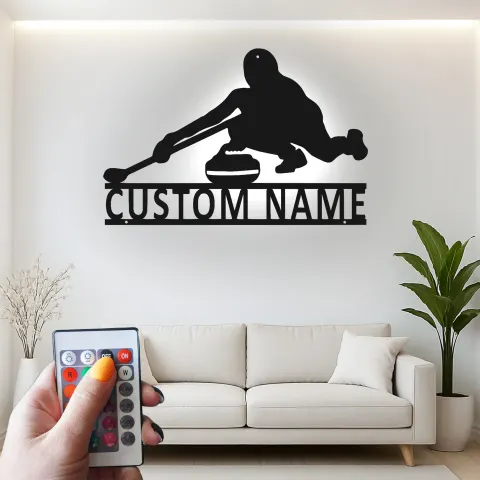 Vista alternativa di Insegna in metallo personalizzata con luce LED a tema giocatore di curling regalo per appassionati di curling decorazione per sala giochi