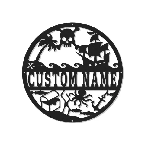 Personalisiertes Piraten-Schiff-Schild | Individuelles Namensschild LED Metall-Wandkunst | Nautische Kinderzimmer-Dekoration für das Kinderzimmer | Totenkopf & Oktopus Schatzkunst