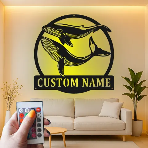 Custom Whale Pair Led Light Metal Wall Art Ocean Lover Gift Nautical Decor for Living Room alternate view
