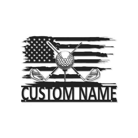 Insegna con nome da golf personalizzata | Arte da parete LED in metallo con bandiera americana | Regalo personalizzato per golfista per man cave