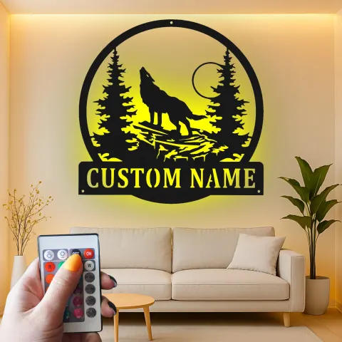 Custom Wolf Howling Led Light Metal Wall Art Personalized Nature Lover Gift Rustic Cabin Decor 2 alternate view