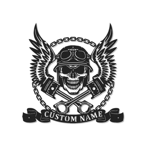 Individuelles Biker Skull LED Schild | Personalisiertes Motorrad Garagen Metallkunst | Man Cave Dekor mit Flügeln & Kolben | Vintage Fahrer Geschenk