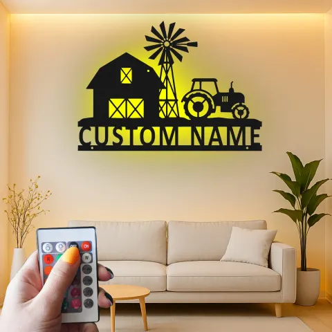 Vista alternativa di Insegna in metallo personalizzata con trattore | Decorazione murale LED personalizzata per farmhouse | Arredo rustico da fienile per case di campagna | Regalo per agricoltore