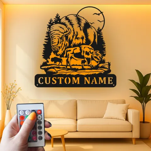 Vue alternative de Décoration murale en métal personnalisée avec bison et forêt en rétroéclairage LED - Cadeau faune rustique pour cabane