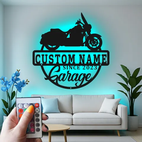 Personalisierte Motorrad Garagenschild | LED Metall-Wandkunst | Individuelles Biker Papa Geschenk | Vintage Cruiser Dekor alternative Ansicht