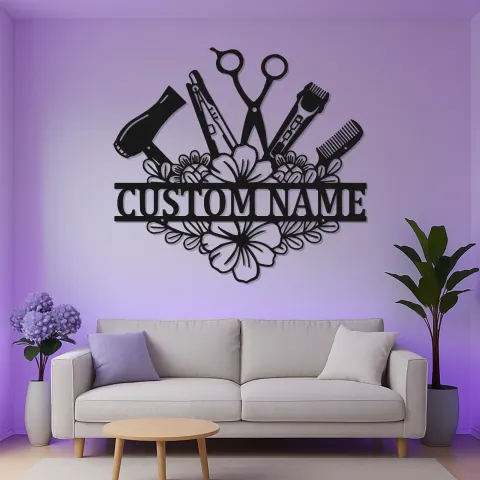 Vista alternativa di Insegna personalizzata per hairstylist | Decorazione murale LED in metallo su misura per salone | Regalo per parrucchiere e targhetta per beauty studio