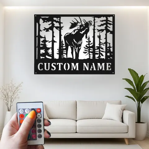 Vista alternativa de Arte mural de metal personalizado de alce macho | Cartel de cabaña iluminado con LED | Decoración de bosque rústico | Regalo personalizado