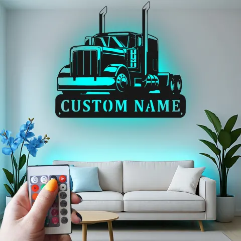 Vista alternativa de Señal LED de camión semi personalizada | Arte mural de metal personalizado para garaje | Decoración de gran camión para camioneros