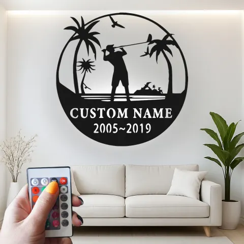 Personalisierte Golfer Metall Wandkunst mit LED | Individuelle Golfclub Dekor | Graviertes Namensschild | Geschenk für Golf-Enthusiasten alternative Ansicht