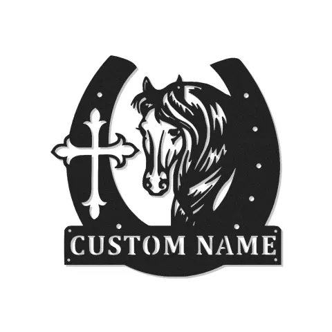 Personalisierte LED-Schild mit Pferd & Kreuz | Individuelle Metall-Wandkunst mit Hufeisen | Geschenk für Reiter und Stall