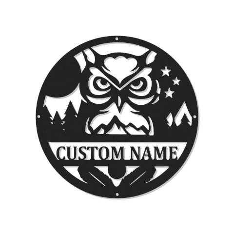 Cartel de metal con búho cornudo | Decoración mural LED con nombre personalizado | Decoración rústica a medida para cabaña y refugio para él