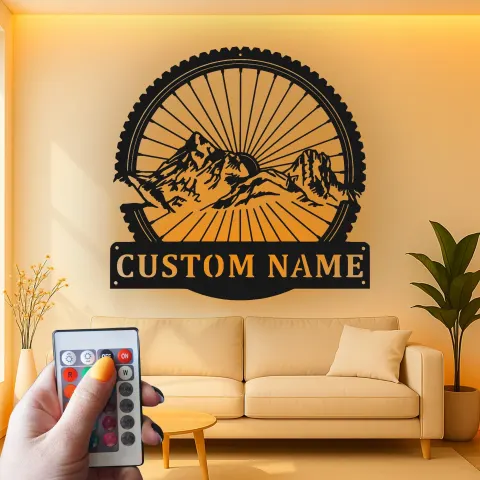 Vista alternativa de Letrero LED de rueda de bicicleta de montaña personalizado | Decoración mural de metal personalizada para ciclistas | Decoración de aventura al aire libre y sala de bicis