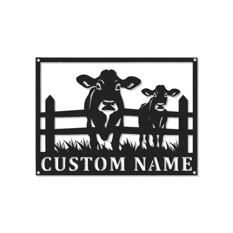 Insegna in metallo LED personalizzata con mucca e vitello - Regalo per agricoltori - Decorazione rustica per fienile