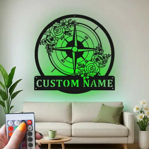 Vue alternative de Décoration murale en métal personnalisée avec rétroéclairage LED - Rose des vents - Cadeau de mariage personnalisé - Décor nautique pour salon