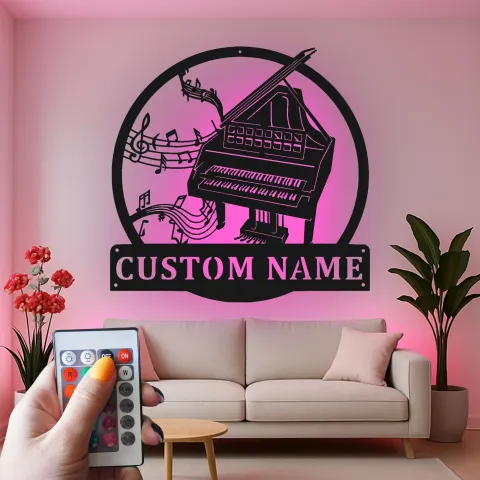 Vista alternativa di Insegna personalizzata per pianoforte con LED | Insegna in metallo su misura per sala musica | Decorazione con silhouette di pianoforte a coda | Regalo per pianista