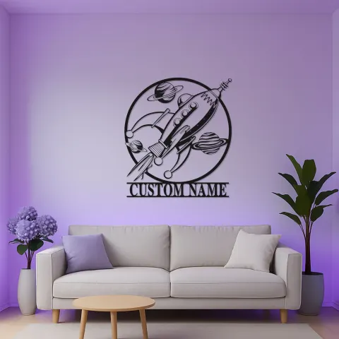 Personalisierte Rakete LED-Licht | LED-Metallwandkunst für Kinderzimmer | Vintage Weltraum Dekor für das Kinderzimmer alternative Ansicht