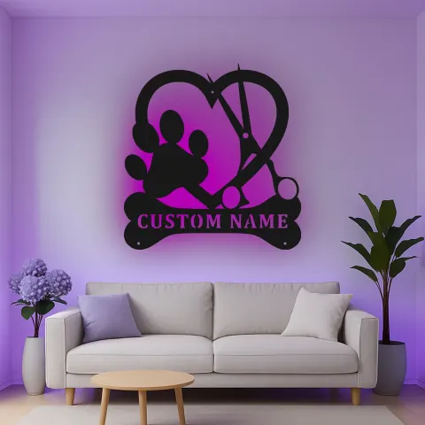 Vista alternativa de Cartel de metal LED de peluquero canino personalizado Regalo para amantes de mascotas Decoración para salón de peluquería