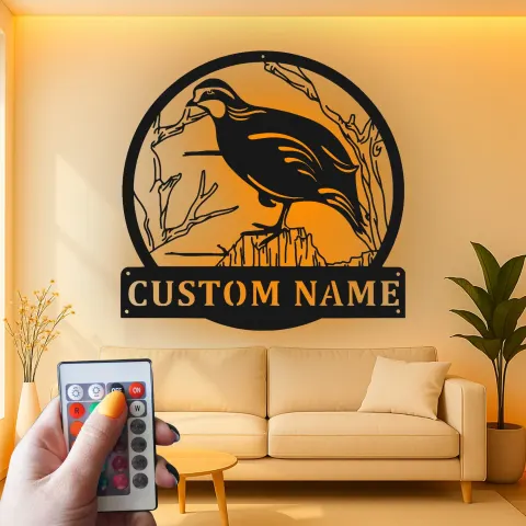 Vista alternativa di Insegna in metallo Quaglia della California personalizzata | Arte da parete retroilluminata LED | Decorazione da baita su misura | Regalo rustico per la casa