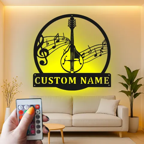 Vista alternativa de Cartel de metal personalizado de mandolina | Decoración musical LED para estudio | Placa con nombre a medida para músico | Decoración de silueta instrumental