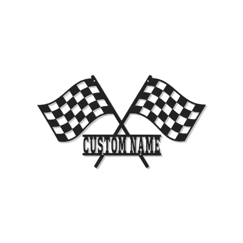 Décoration murale en métal LED personnalisée avec drapeaux de course - Cadeau pour les passionnés de voitures - Décor de garage ou de man cave