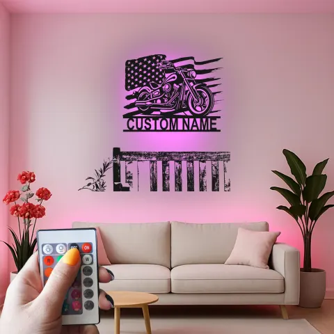 Personalisierte Motorrad-Metallschild mit LED | Individuelle Biker Namenskunst | Amerikanische Flagge Mann-Höhlen-Dekor | Vintage Cruiser Wandkunst alternative Ansicht