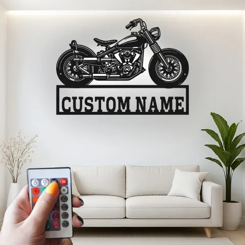 Personalisiertes Biker-Schild | LED-Motorrad-Metall-Wandkunst | Individuelle Garagendekoration für Männer | Vintage Bobber alternative Ansicht