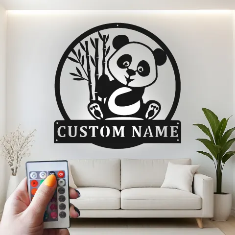 Custom Panda Led Light Metal Wall Art Personalized Nursery Gift Kids Room Animal Decor alternate view