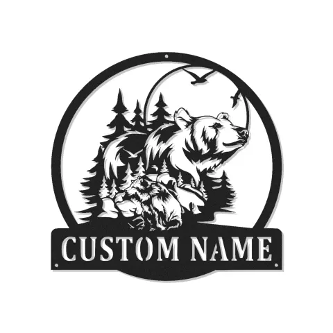 Décoration murale en métal personnalisée avec scène de forêt et ours, lumière LED, cadeau faunique, décoration de chalet rustique