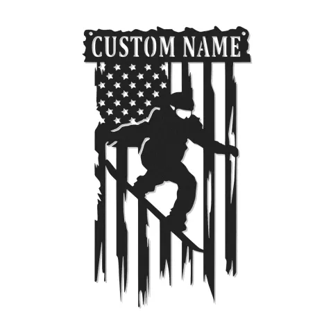 Plaque de nom personnalisée pour snowboarder | Art mural en métal LED | Décoration de snowboard avec drapeau américain | Cadeau pour la chambre d'ado