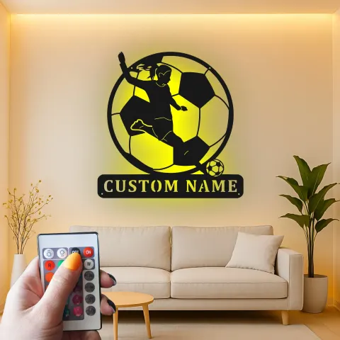 Custom Soccer Player Metal Sign | Personalized Girls Room Decor | LED Wall Art for Athlete | Soccer Gift for Her alternate view
