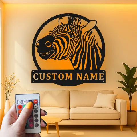 Vue alternative de Décoration murale en métal LED personnalisée avec zèbre - Cadeau safari pour les amoureux des animaux