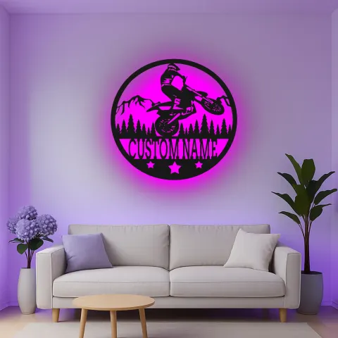 Vue alternative de Décoration murale en métal LED personnalisée pour motard de motocross - Cadeau pour passionnés de moto tout terrain, décoration de garage ou de salle de jeux