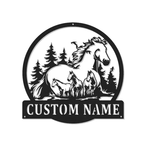 Insegna Famiglia Cavallo Personalizzata | Arte da Parete in Metallo LED | Decorazione Equestre Personalizzata per Fattoria | Regalo per Amante dei Cavalli