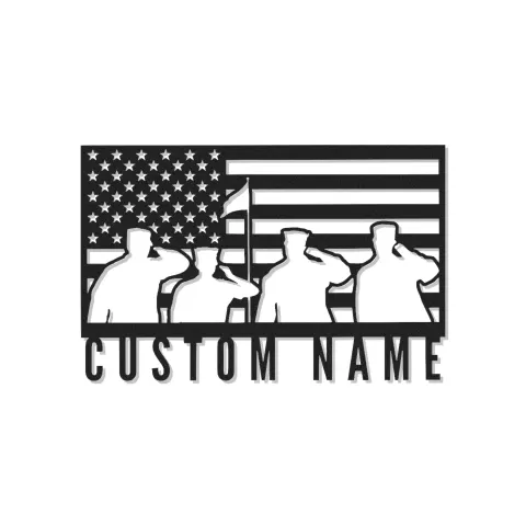 Patriotic American Flag Metal Sign | Custom Veteran Name Wall Art | LED Backlit Military Silhouette Decor
