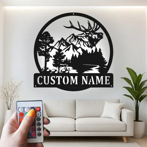 Personalisierte LED-Metall-Wandkunst mit Elch und Bergszene – Geschenk für Naturliebhaber, Hütte oder Lodge alternative Ansicht